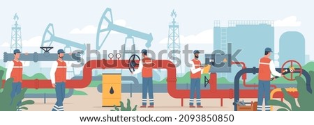 Oil gas workers. Petroleum engineers control operation of fuels pipeline. Men in uniform carry pipe fragment and regulate valves. Industrial construction. Oilman job. Vector concept