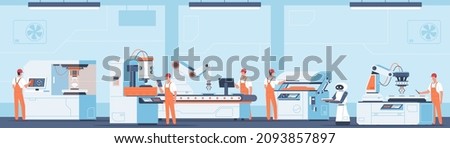 Automatic lines employees. Manufacturing process in factory interior. Worker characters. Men in uniform work on industrial machines. Plant equipment. Industry production. Vector concept
