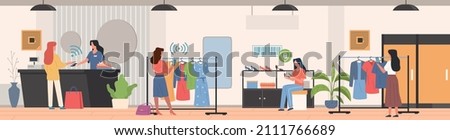 Radio frequency identification. Shopping with RFID technology, women in clothing store pay checkout, check labels by codes, business automatization, vector flat isolated concept