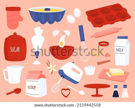 Baking ingredients. Flat kitchen utensil and food products. Pastry cooking, flour and sugar. Eggs, butter and milk, different cupcake mold, homemade confectionery, vector cartoon isolated set