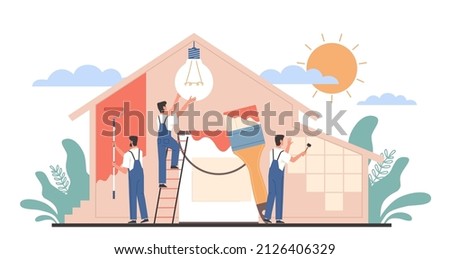 Home renovation workers. Repairman team building house. Painting, electric, finishing works, builders doing apartment repair, professional decorating service vector cartoon flat concept