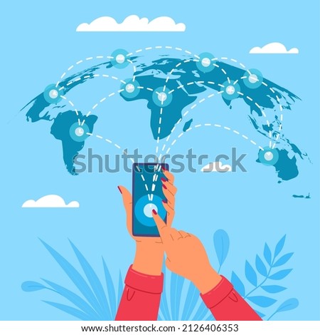 Global internet marketing. Hand holding smartphone on world map background, international connections and communications, worldwide networking, vector cartoon flat business concept