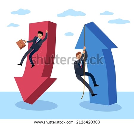 Failures and risks in achieving. Company troubles and problems or success, crisis or growth in economic, loss and gain of income, businessman and arrows up and down. Vector concept