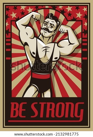 Man gym poster. Retro strongman character, sport workout advertisement, muscular guy with moustache, bodybuilder banner, vintage style circus athlete carnival party vector concept