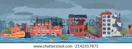 Damaged city landscape. Global flooding, cityscape damaged house facades, natural cataclysm, water disaster illustration, urban constructions ruins panorama, vector cartoon flat concept