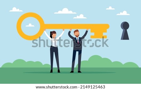 Key to success is the team. Businessmen and women hold golden huge key. People cooperation and collaboration. Achieving goals together. Common cause vector cartoon flat teamwork concept