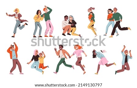 People run afraid. Scared men and women with children, shocked terrified persons escaping, scared couple, scream characters in casual clothes, negative emotion vector cartoon flat set Сток-фото © 