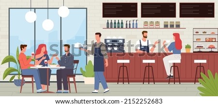Cafe visitors. People in coffee house interior, friends sitting at table in restaurant, bar counter, waiter and customers. Men and women eating and drinking vector cartoon flat concept
