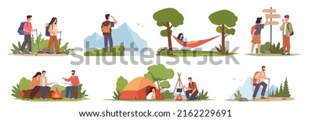 Cartoon hiking characters. Male and female tourists expedition, travelling on nature, people sitting by fire, resting in tent, explorers adventure, healthy lifestyle vector active hobby set