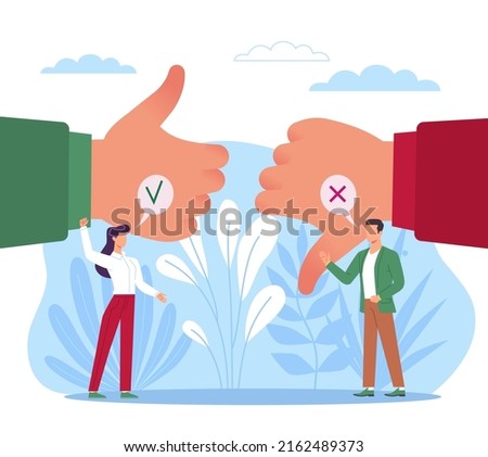 Choose between positive and negative. Decision making, comparison of pros and cons, huge hand gestures, tiny people thinking, right and wrong way, vector cartoon flat isolated concept