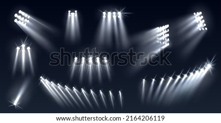 Stadium spotlights. Football field directional light sources, realistic searchlights. Illuminated studio and arena stage lamps, different directions projector, vector isolated set