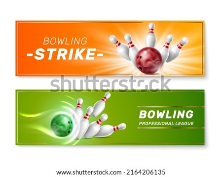 Bowling banners. Realistic game elements, professional playing accessories, ball breaking pins, game tournament invitation vouchers, championship horizontal poster, vector background set