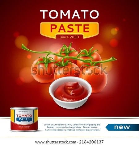 Tomato product poster. Realistic tin can with vegetable paste, preserved red sauce, fresh 3d fruits on twig, natural food packaging, cooking ingredient square poster, vector concept