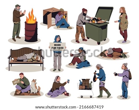 Poor people. Homeless male and female characters, hungry depressive persons, living low standard, needing help, begging money men and women, bums and hobos stray tidy vector isolated set