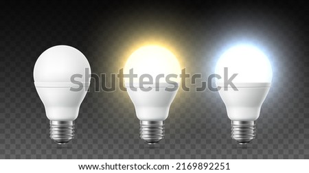 Realistic light up bulb. On and off modern interior lamps, cold and warm heating, bright glow temperature, 3d led basic shape, responsible energy use, utter vector isolated set