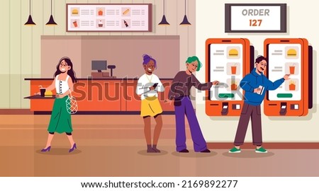 Cafe self service people. Restaurant electronic menu, food ordering, visitors use touchscreen terminal, modern digital self-service atm, paying gadget, charaters queue tidy vector concept Foto stock © 