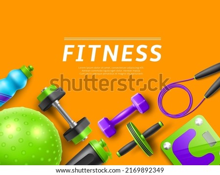 Realistic gym fitness accessories. Frame background with place for text, training yoga equipment, sports devices, female workout objects, 3d skipping rope, dumbbell, utter vector concept