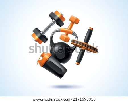 Realistic fitness composition. 3d sport objects, flying elements, workout gym tools, shaker, kettlebell and dumbbell, gym accessories, training yoga equipment, utter vector isolated concept