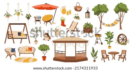 Garden furniture. Backyard cartoon flat elements, summer terrace and patio, outdoor lounge items, relax modern park objects, wooden table and chairs, hammock and gazebo, tidy vector set