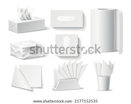 Realistic paper napkins packaging. White tissue paper mockup, different types, boxes, rolls and stands, kitchen towels. Hygiene accessories blank carton packages, utter vector set Stok fotoğraf © 