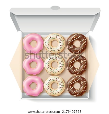 Donuts box. Realistic sweet pastries with different types glazes and sprinkles in cardboard package, caloric fast food. Vanilla, strawberry and chocolate 3d elements, utter vector concept Foto stock © 