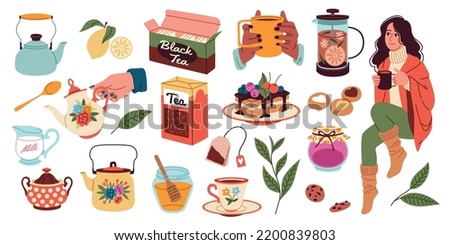 Tea time. Lovely girl holding mug of hot drink, sweet desserts, cookies and cakes on cute cozy dishes, ceramic cups and teapots, breakfast elements,cozy autumn mood tidy vector cartoon set