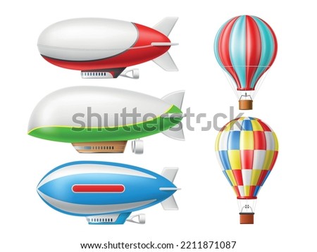 Dirigible and hot air balloons. Realistic retro aviation objects, 3d isolated zeppelins, airships, colorful sky vintage transport, air journey flying aerostat, 3d elements utter vector set