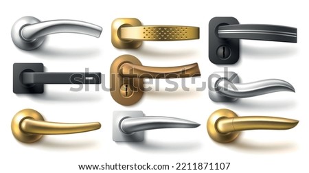 Realistic door handles. Different metal furniture and interior accessories, steel straight classic and curved modern handles. Entry in room. Silver and golden 3d elements, utter vector set