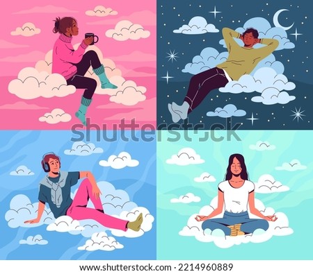 People in cumulus clouds. Happy young men and women in dreams, think about positive things, romantic inspirations, meditation and listen music, sleeping and drink tea, tidy vector set