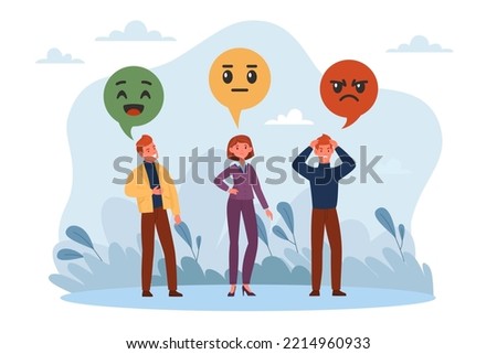 Sentiment analysis, different opinions. Various customer feedback. Good neutral and bad emotions, people positive and negative communication, discussion and conflict. Vector cartoon concept