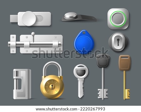 Realistic keys and locks. 3d isolated metal door locks, latches for doors and cupboard, padlocks and keyholes, open and close, security privacy objects, electronic button. Utter vector set