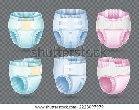 Realistic baby diapers. Absorbent cotton accessory angle view 3d isolated, different types, mounts and colors, new born body care, newborn hygiene, comfort and breathable, utter vector set
