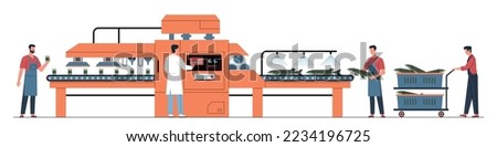 Fishing industry concept. Canning factory, professional workers and conveyor, production of canned seafood, packaging process automation. Tins on conveyor belt nowaday vector cartoon set