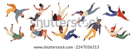 Flying people. Movement in air, inspiration and freedom concept, falling young characters in different poses, hovering and soaring, happy guys and girls, tidy vector cartoon flat set