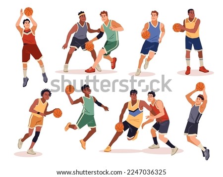Basketball players. Athletes with ball in different poses, men handling, defense and offense, professional sport male players in uniform with orange ball, tidy vector cartoon flat set