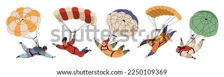 Cartoon skydivers characters. Cute guys and girls with open parachutes, jumping from an airplane, free fall, flying in sky, people falling in different poses, extreme sport, tidy vector set