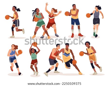 Female basketball players. Cartoon athletes in uniforms, men and women lead ball, defend and attack, game techniques and poses, people playing sport game, tidy cartoon flat vector set