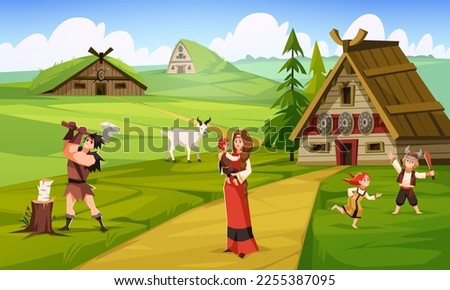 Vikings life. Peaceful cute inhabitants of ancient scandinavian village, woman with children, man chopping wood. Barbarian home. Summer green cartoon norway landscape tidy vector illustration