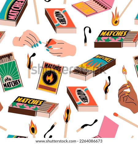 Flaming matches seamless pattern. Hands strike spark about boxes, different label design burning and extinct stick. Decor textile, wrapping paper. Modern print tidy vector background