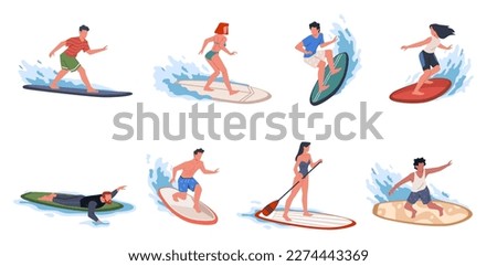 Beach surfers. Happy young athletes dissect waves with boards, summer beach extreme sea sport, active people surf ocean, men and women in swimsuits, nowaday vector cartoon flat set