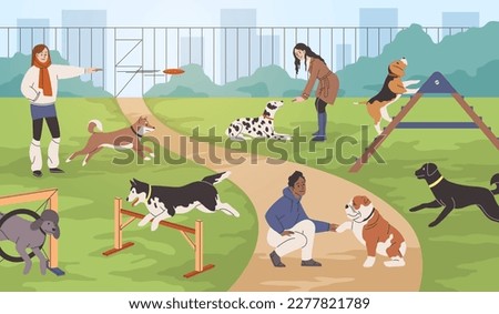 Dog training process. Owners walk their pets on dog playground with simulators, games with animals, outdoor activities, spring summer park background, tidy vector cartoon flat concept