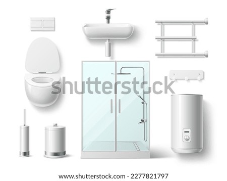 Realistic bathroom elements. 3d plumbing objects, white porcelain sink and toilet, shower cabin, boiler, heated towel rail, wc interior isolated lavatory room hygienic ceramic utter vector set