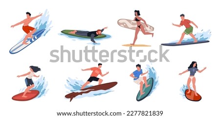 Cartoon happy surfers. Guys and girls ride boards on ocean and sea waves, beach sport people, extreme water activities, summer tropical resort leisure time, , nowaday vector characters set