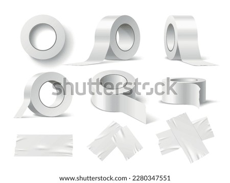 Realistic scotch tape. Sticky rolls in different angles, office stationery, painting adhesive supplies, white paper tape mockup, blank clean 3d elements, delivery packaging, utter vector set