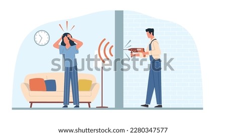 Woman suffers from unbearable noise due to repairs in apartment next door. Man drilling wall, noisy neighborhood. Home renovation, construction worker cartoon flat illustration. Vector concept