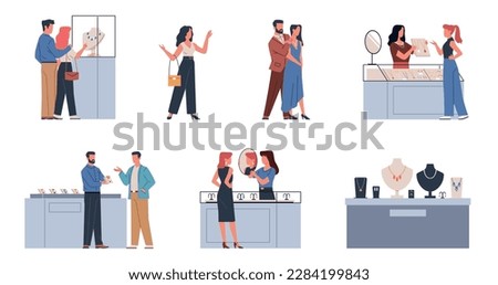 Jewelry store. People trying and choosing jewelry, necklaces and bracelets, earrings and rings in luxury showcases, precious stones, gold metals, cartoon flat isolated scenes, nowaday vector set