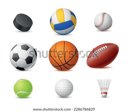 Realistic sport balls. Detailed 3d leather balls, hockey puck, shuttlecock for badminton, soccer, rugby and basketball, tennis and golf, volleyball and football games utter vector set