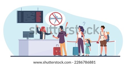 Flight delay or cancellation, passengers upset by flight termination. People registers waiting plane departure, travellers with luggage in queue cartoon flat illustration. Vector concept