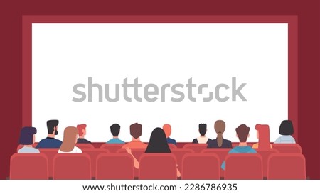 People sitting in theater, movie cinema and looking at big blank screen, view from behind. Show announcement, performance on stage. Women and men watching film. Cartoon flat vector concept