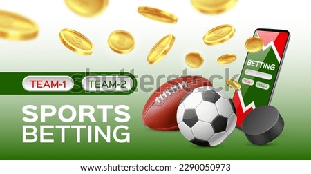 Sport betting poster. Gambling application, realistic soccer and rugby balls, hockey puck, falling gold coins, bookmaker app on smartphone screen. Banner template, utter vector concept